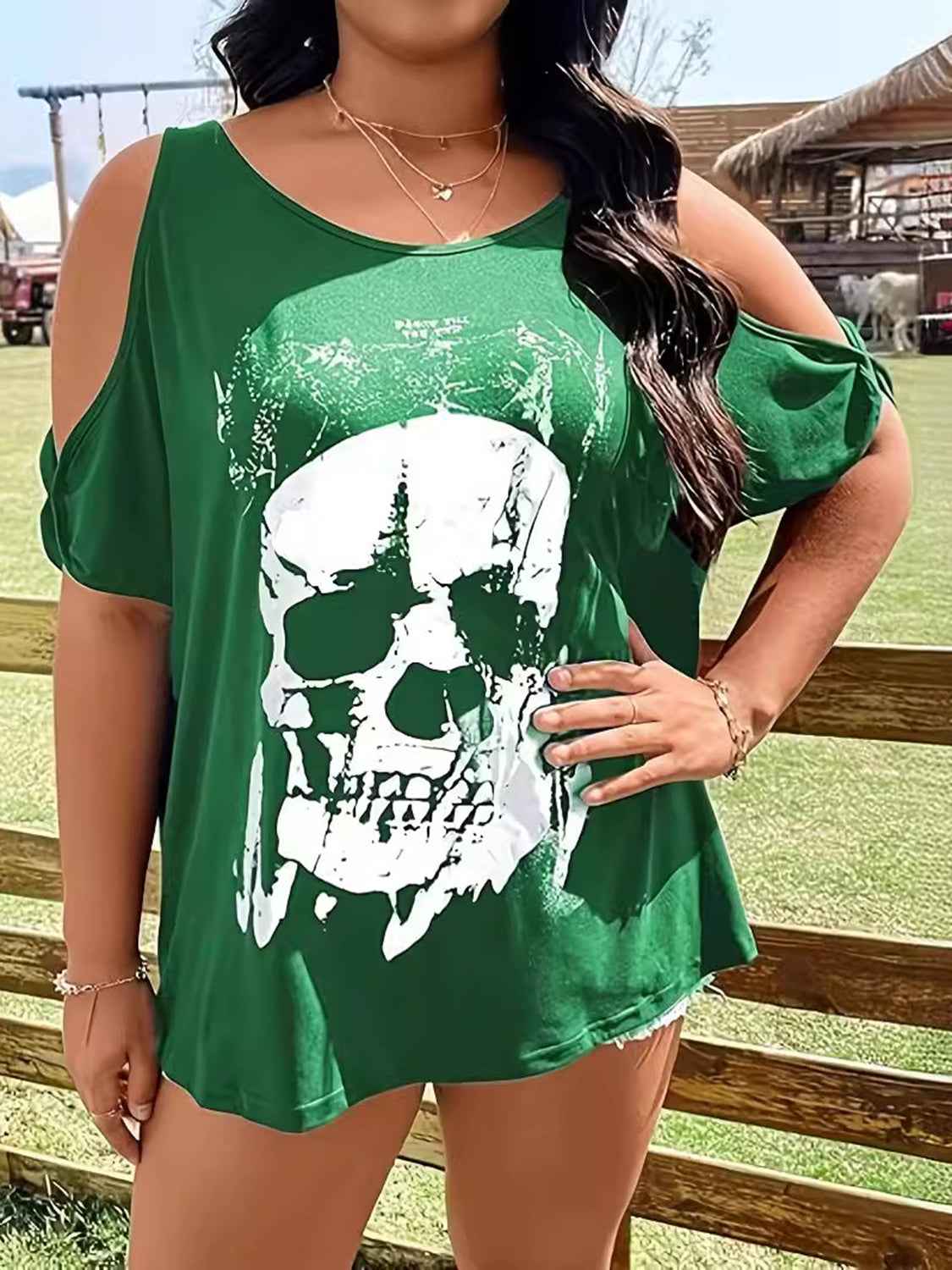 Plus Size Skeleton Graphic Round Neck Cold Shoulder T-Shirt - Damned Threads